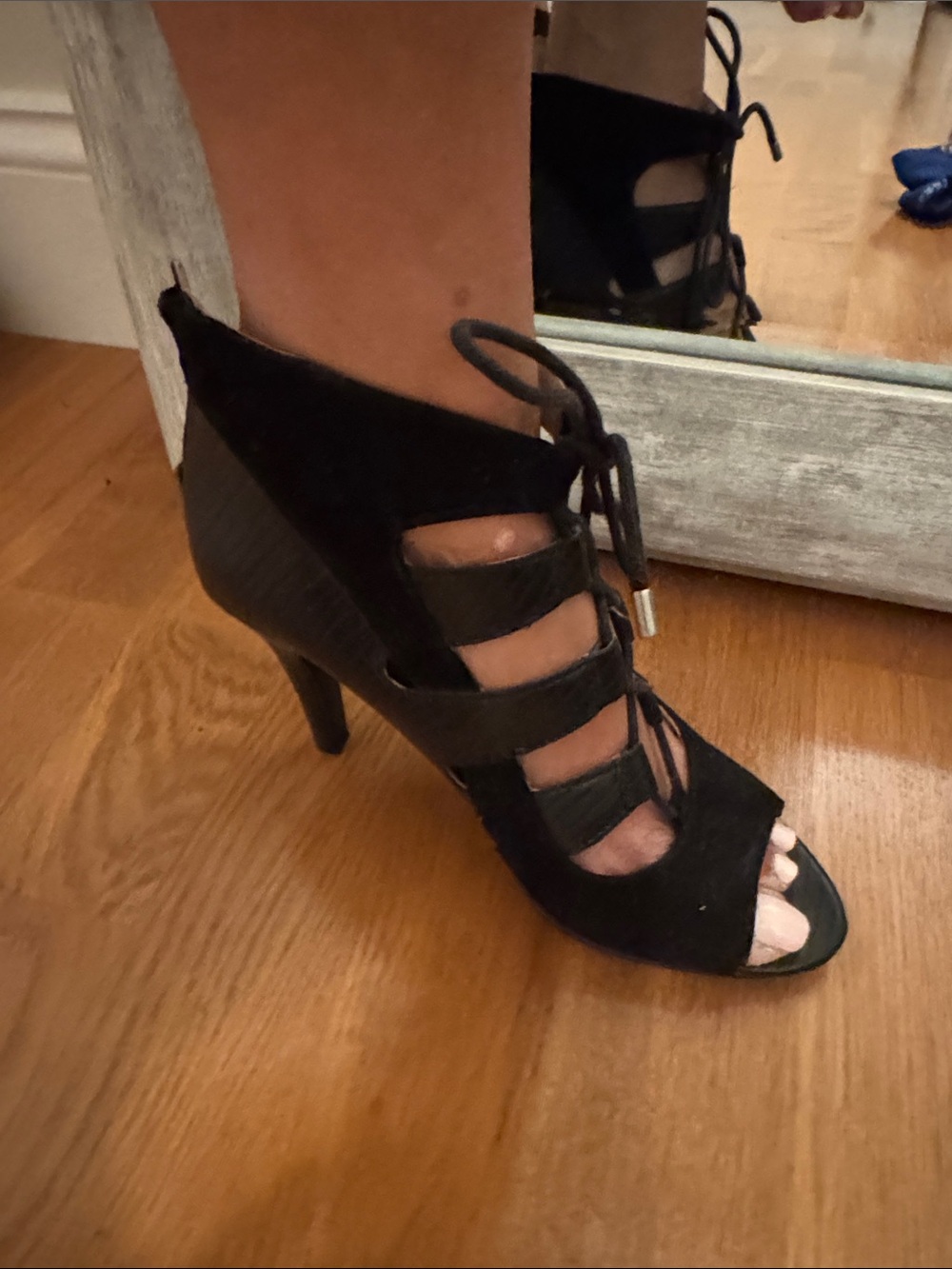 Nine West Black Lace-Up Cutout Peep Toe Heels